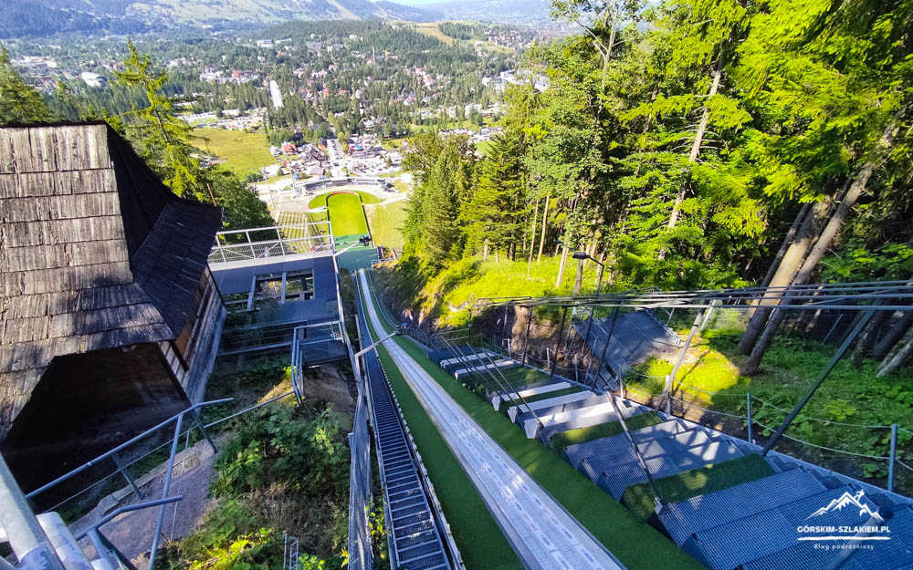 A long outdoor ramp descending a forested hillside, with metal rails and green turf, overlooking a town in the valley.
