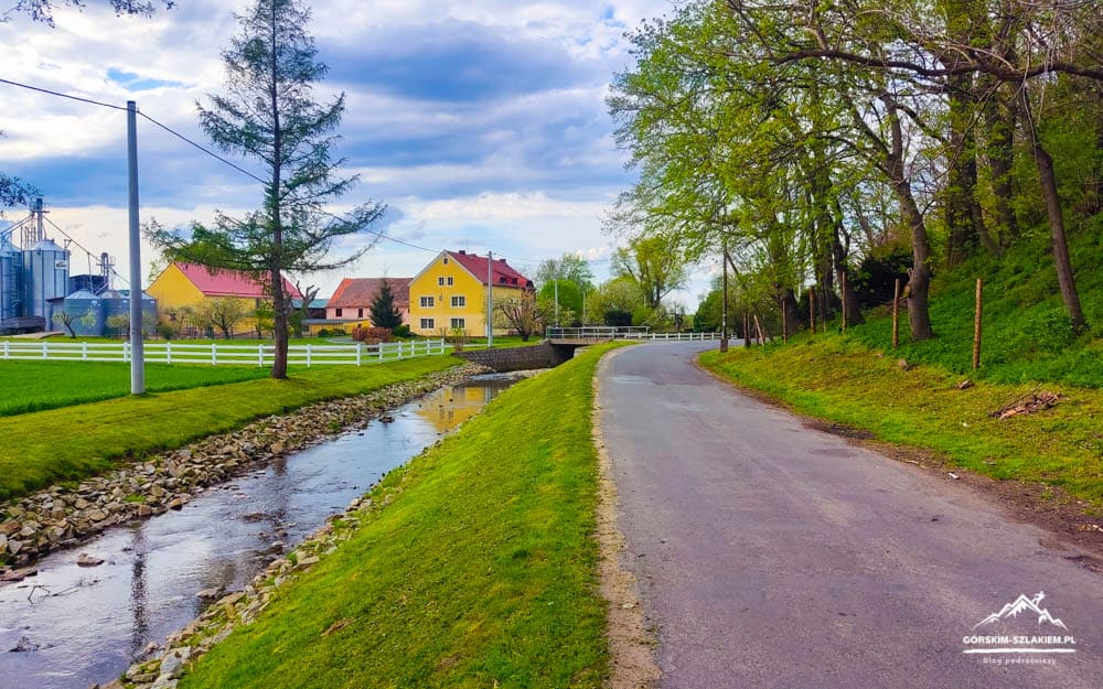 Paved rural road beside a narrow stream, with green fields and white fencing, and colorful houses beyond on the left.