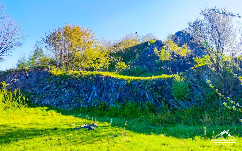 Rocky hillside with trees on top, bright green grass in the foreground under a clear blue sky.