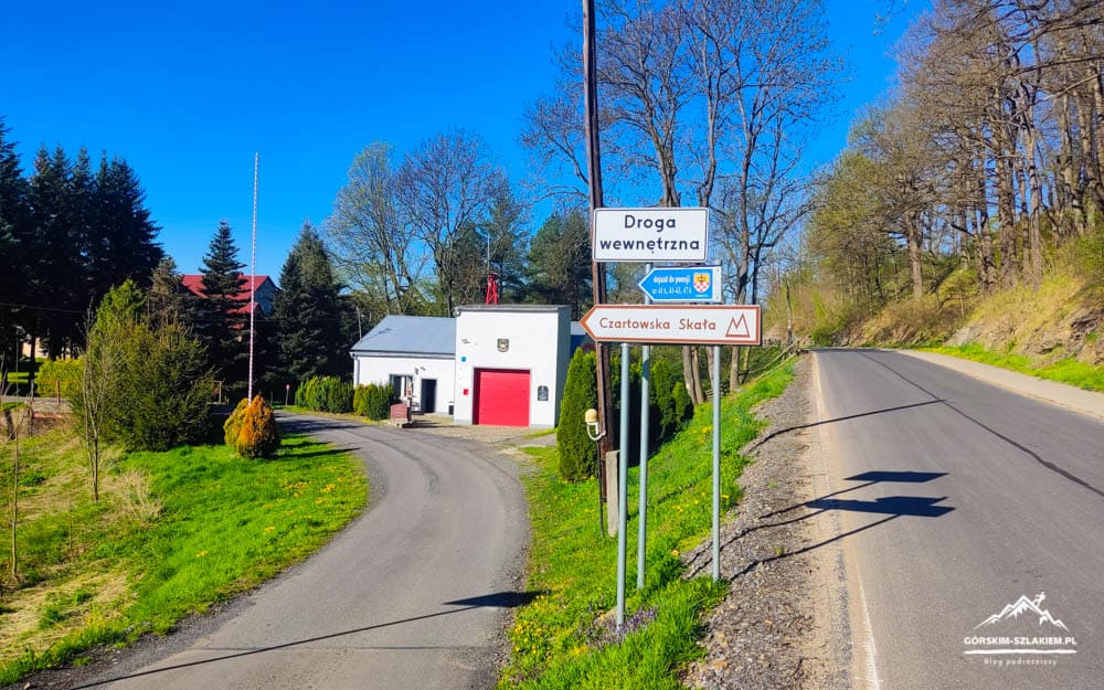 Rural road junction with a signpost, a small white building with a red door, and a left gravel path under a blue sky