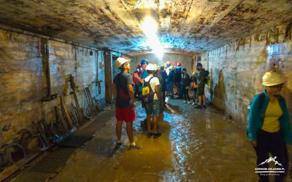 Group of people wearing hard hats in a damp underground mine tunnel, with equipment along the walls and a bright light overhead