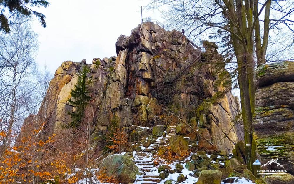 Snow-dusted stone steps wind up a rugged rock formation in a forest with leafless trees and orange bushes.