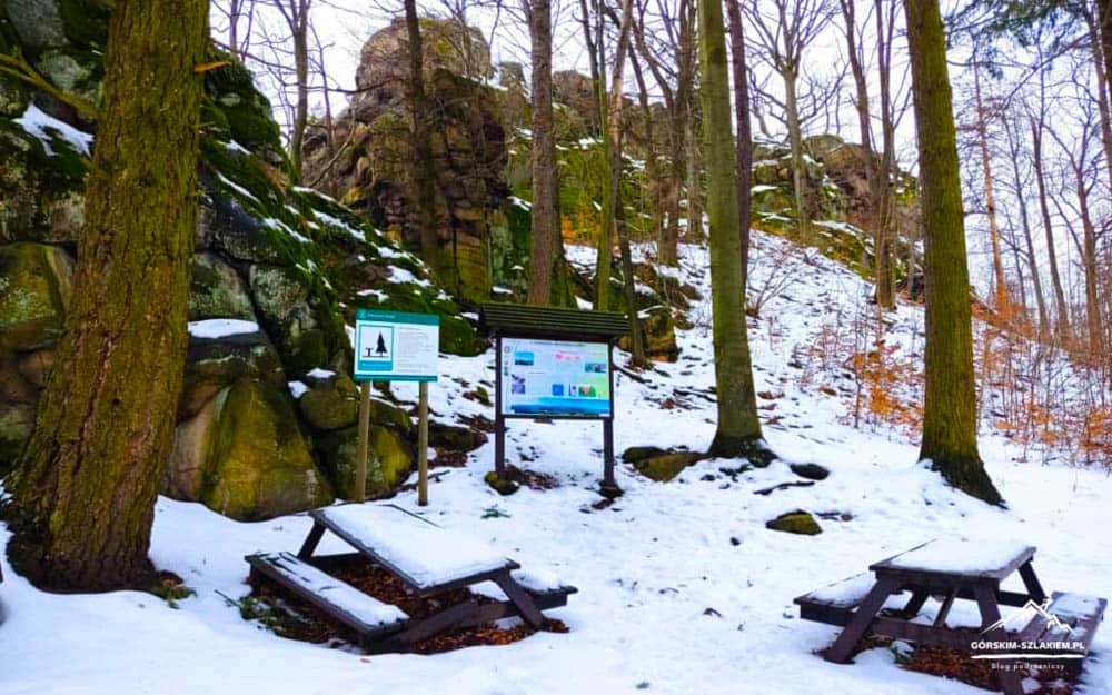 Snow-covered woodland with two signboards and empty picnic tables among rocky outcrops on a winter trail.
