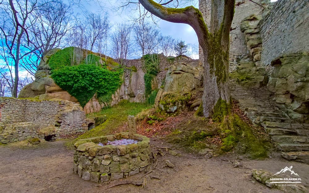 Historic stone ruins with a circular moss-covered well in the foreground, large tree and mossy stairs along the right wall.