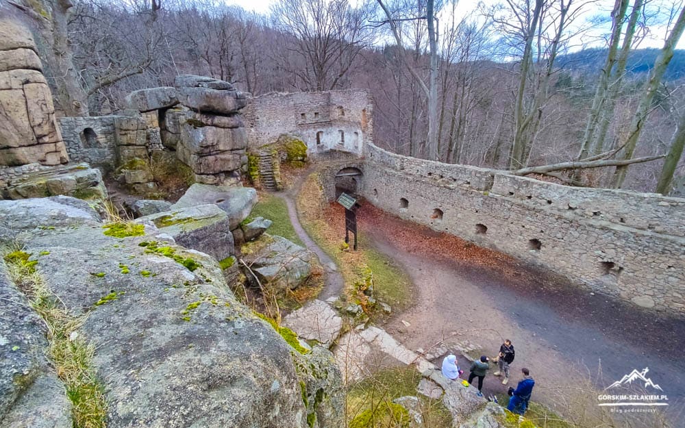 Overhead view of ancient stone ruins with curved walls and an arch, a dirt path, and a small group of people chatting nearby in a leafless forest.