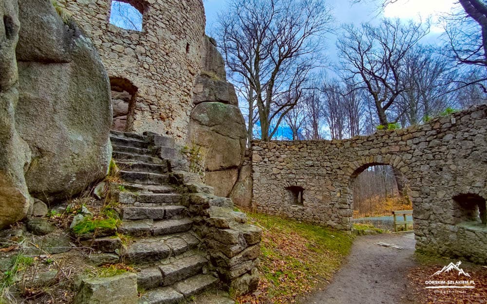 Stone ruin with a curved stone staircase built into a rocky wall, surrounded by leafless trees and a blue sky above.