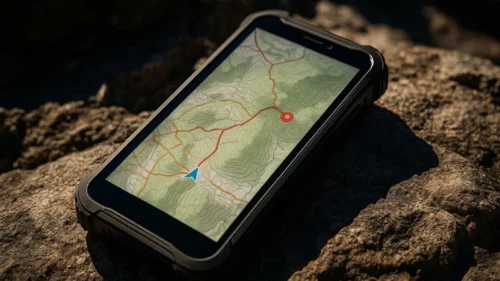 Smartphone displaying a topographic map with a blue navigation arrow on a rocky surface.