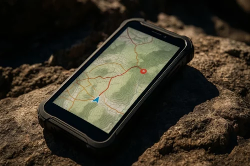 Smartphone displaying a topographic map with a blue navigation arrow on a rocky surface.