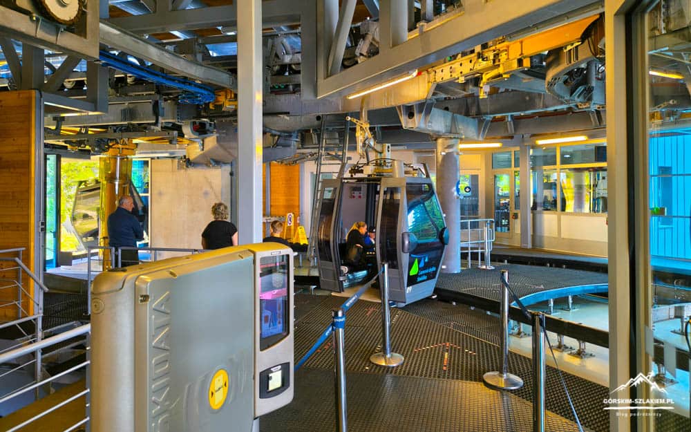 Indoor gondola station with a silver cabin docked at the boarding platform and passengers waiting nearby.