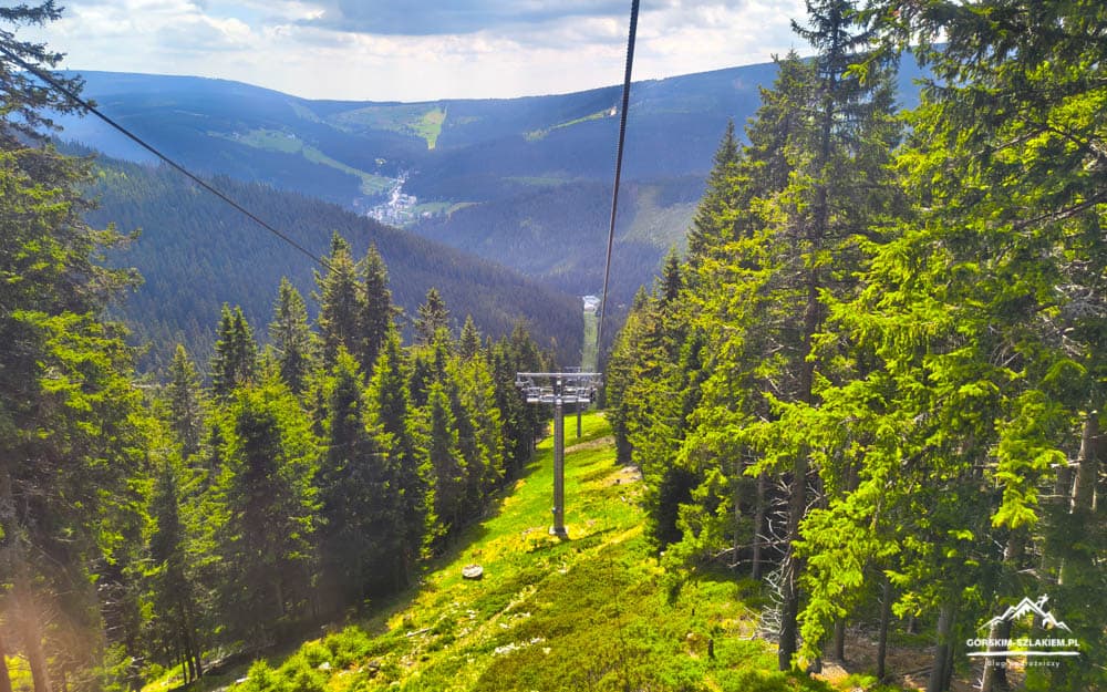 Ski lift cable car runs down a forested mountain slope toward a valley village on a sunny day.