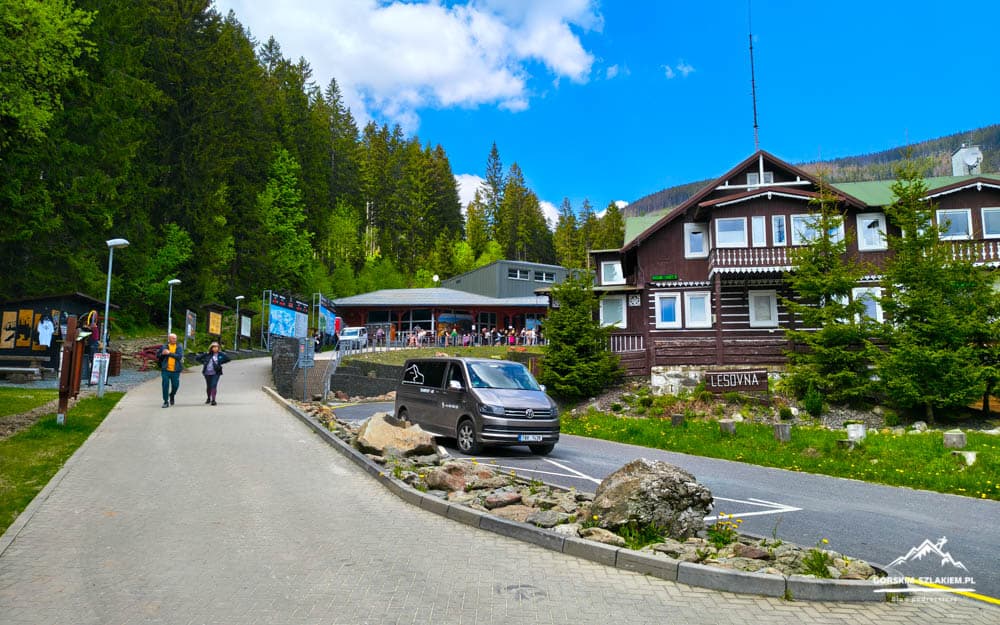 Mountain lodge scene with a paved pedestrian path, two people walking, a parked gray van, and evergreen trees under a blue sky.