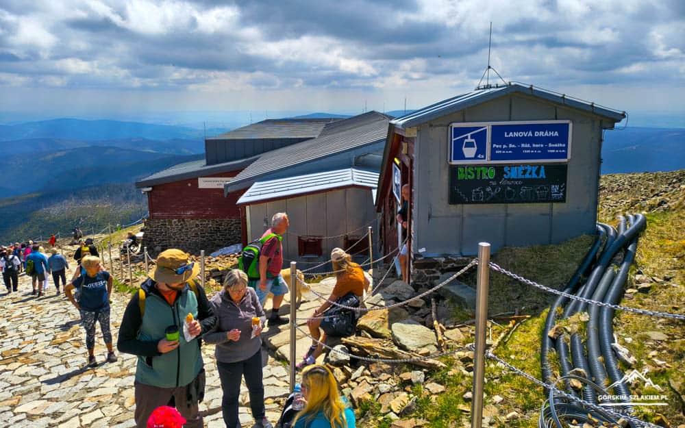 Group of hikers at a mountain shelter on a rocky path, with signage and distant blue valleys and ridges in the background.