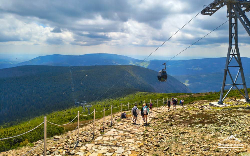 Hikers walk along a rocky mountain path beside a rope fence while a cable car glides above, with forested valleys and distant mountains under a cloudy sky.