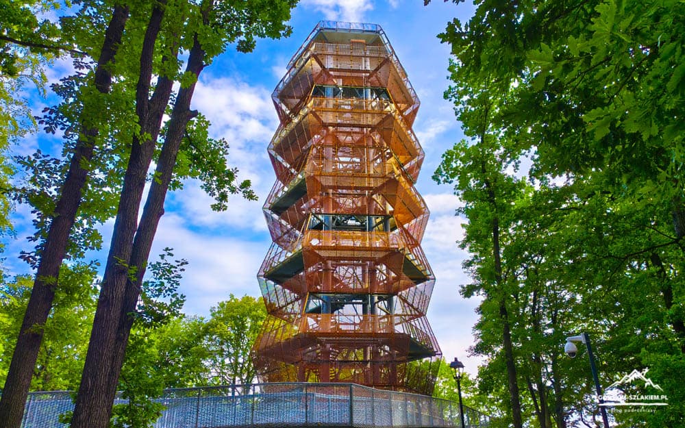 Tall orange spiral observation tower in a green forest under a blue sky, viewed from ground level and surrounded by trees.