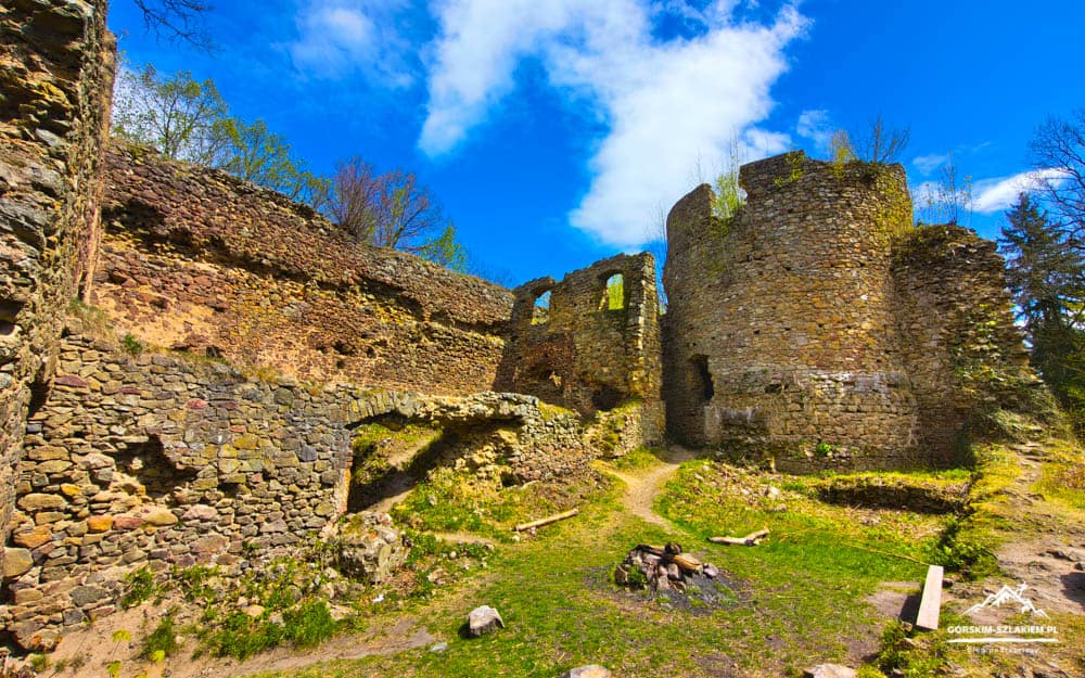 Ruined stone castle walls and towers outdoors under a bright blue sky, with green grass and scattered logs in the foreground.