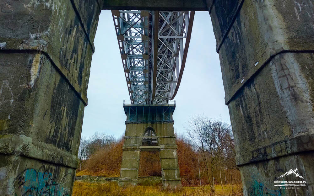 View from under a large steel bridge, with stone piers and lattice framework above, in a rural, leafless landscape.