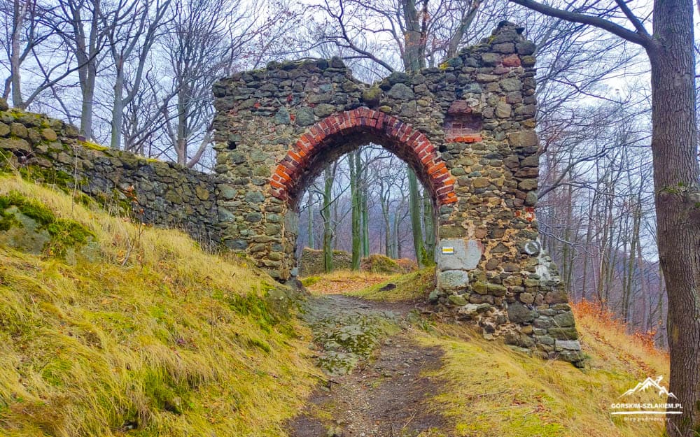 Ruined stone and brick archway in a forest, with a dirt path leading through it and bare trees in the background.