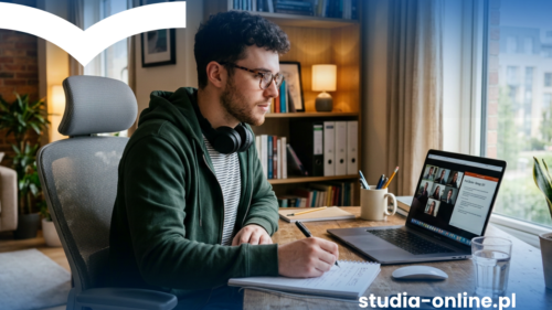 Man with glasses writes in a notebook at a home desk while attending an online meeting on a laptop.