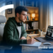 Man with glasses writes in a notebook at a home desk while attending an online meeting on a laptop.