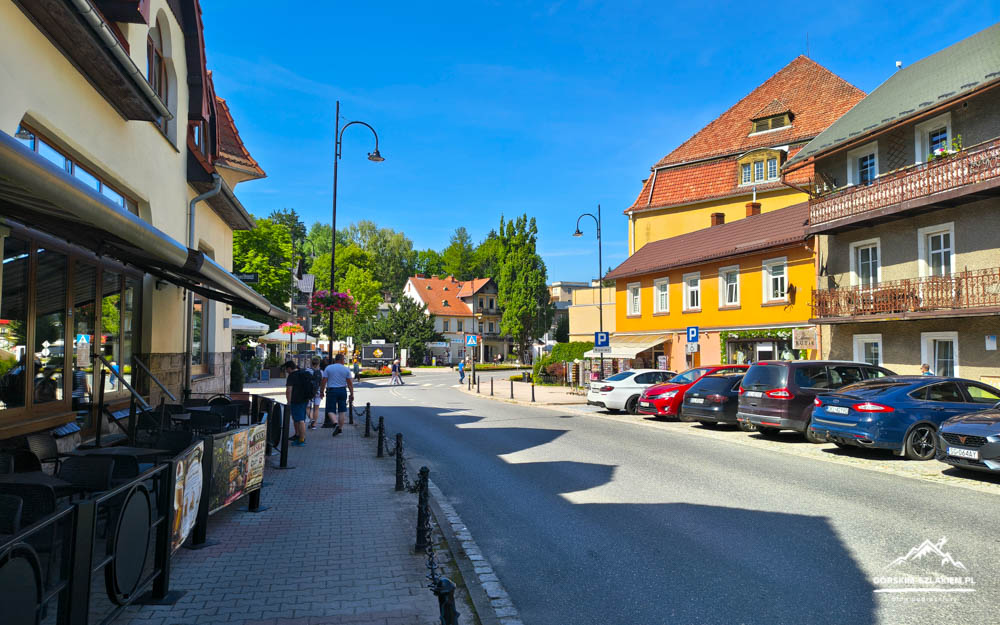 Sunny European street scene with colorful buildings, parked cars along the right, and outdoor cafe seating on the left as pedestrians stroll the sidewalk beneath a clear blue sky.