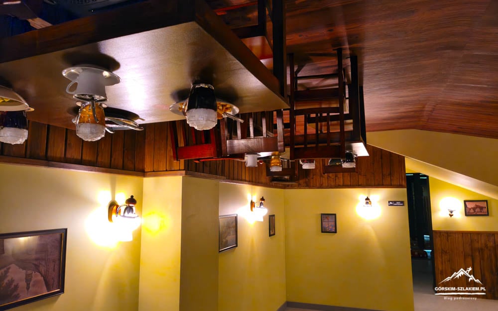 Upside-down dining room with chairs and tables fixed to the ceiling, warm yellow walls, and wall lamps.