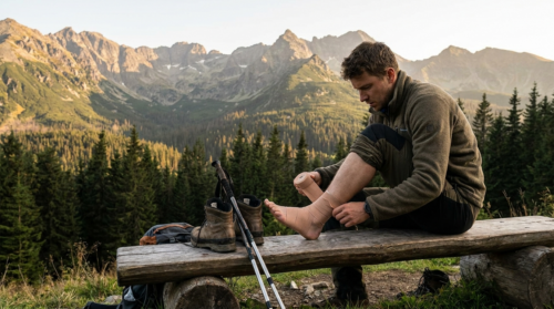 Hiker sits on a wooden bench in the mountains, wrapping his ankle with a bandage beside boots and trekking poles.