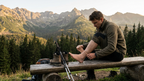 Hiker sits on a wooden bench in the mountains, wrapping his ankle with a bandage beside boots and trekking poles.