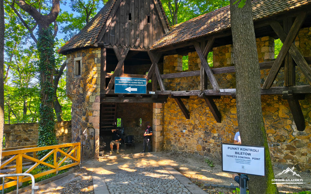 Stone fort-like building with wooden beams in a forest; a 'Tickets Control Point' sign hangs near the entrance.