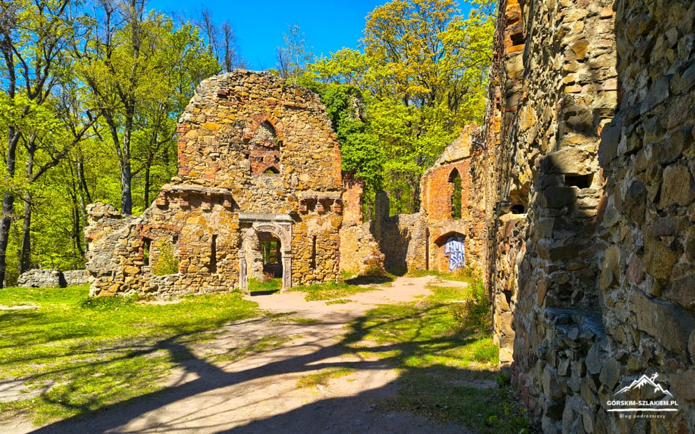 Ruined stone structures in a sunlit forest, with a dirt path and grassy foreground.