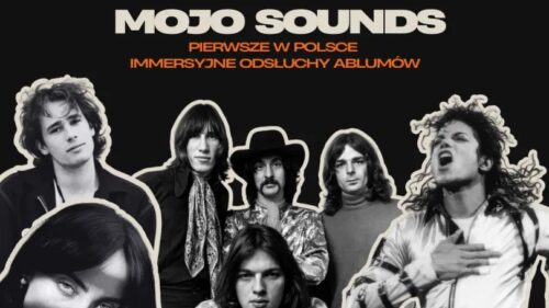 Promo poster for Mojo Sounds with a black background, white-outlined band photo, large 'MOJO SOUNDS' title, Polish subtitle, and date/location '5-6.09 WROCLAW'