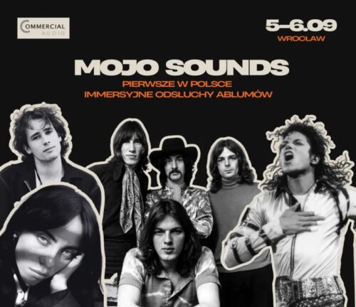 Promo poster for Mojo Sounds with a black background, white-outlined band photo, large 'MOJO SOUNDS' title, Polish subtitle, and date/location '5-6.09 WROCLAW'