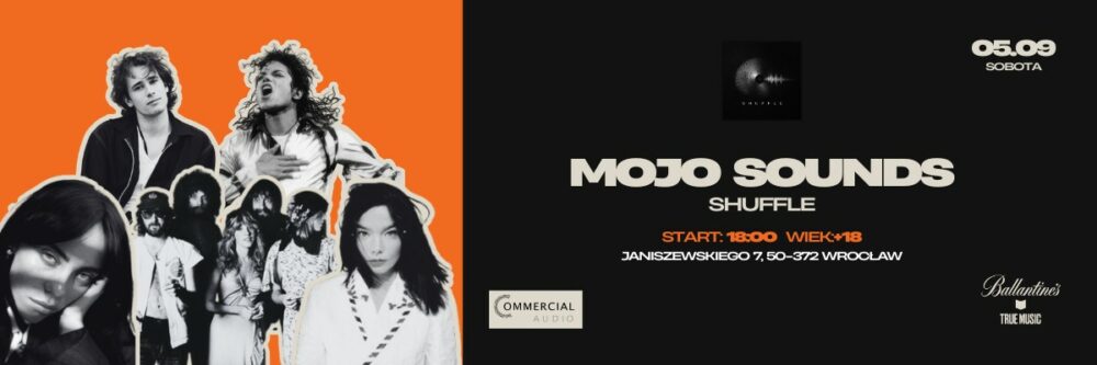 Concert poster for Mojo Sounds Shuffle on 05.09 (Saturday); orange collage of musicians on left, black panel with the event title on right.
