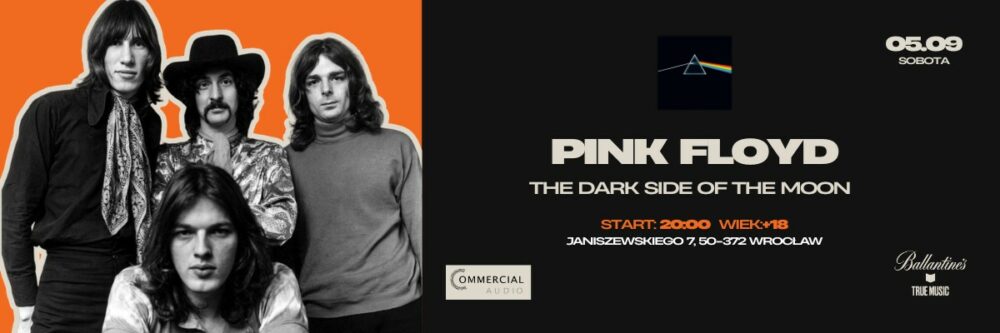 Poster for Pink Floyd: The Dark Side of the Moon, with a left orange panel featuring a band photo and a black right panel with event details (date, time).