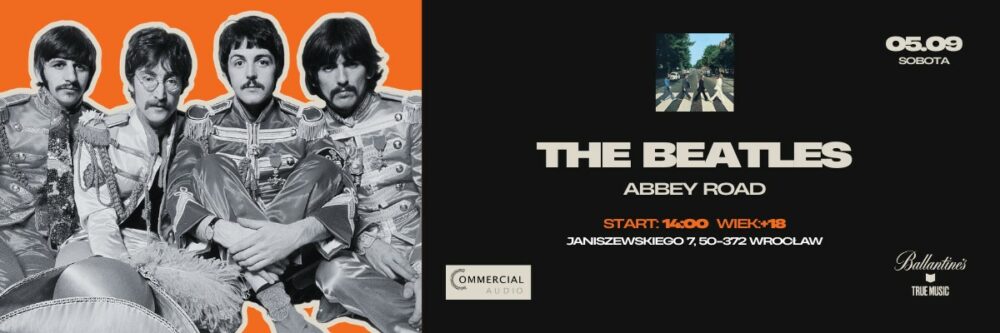 Poster for a Beatles Abbey Road event: grayscale band photo on an orange left half and event details on a black right half with a small image above the title.