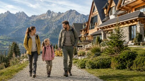 Family of three hiking along a gravel path beside a wooden alpine lodge with snowy mountains in the background.