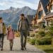 Family of three hiking along a gravel path beside a wooden alpine lodge with snowy mountains in the background.
